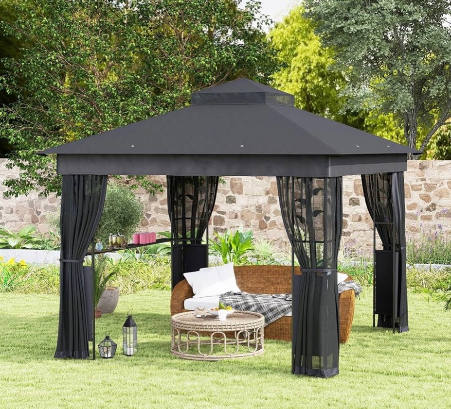 10' x 10' Outdoor Gazebo with Shelves and Netting, Double Roof Patio Gazebo Canopy Shelter, UV30+ Protected for Lawn, Backyard and Deck, Dark Gray