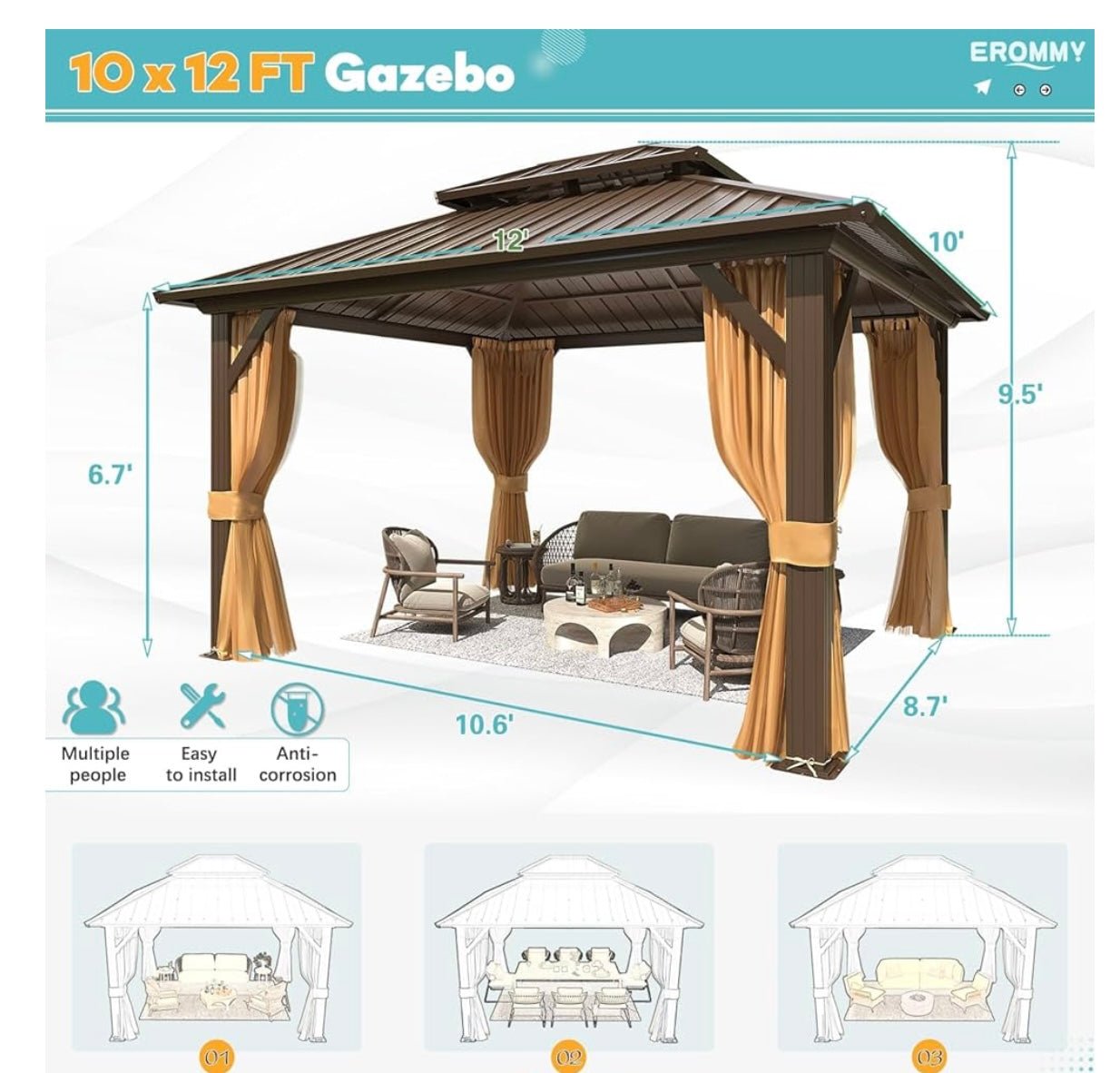 10' x 12’ Hardtop Gazebo with Aluminum Frame and Galvanized Steel Double Roof
Gazebos, Permanent, Outdoor, Metal Pavilion, with Curtain and Netting, for Patio, Lawn, Deck