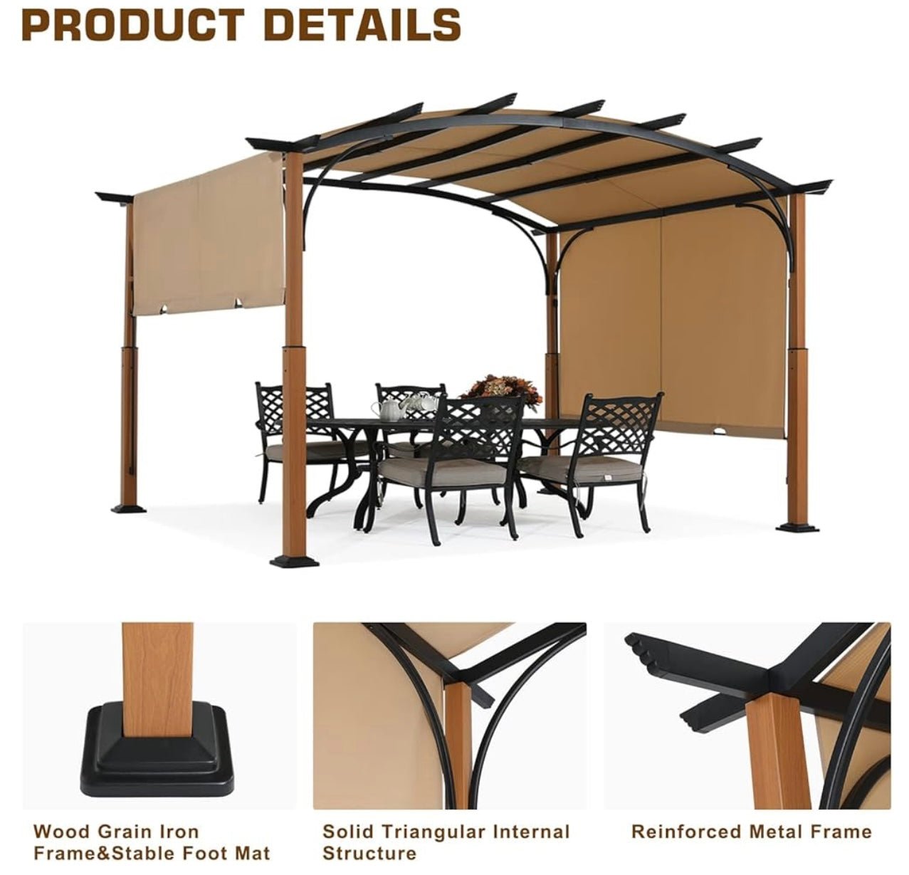 10' X 12' Outdoor Retractable Pergola with Sun Shade Canopy Patio Metal Garden Pergola,Beige