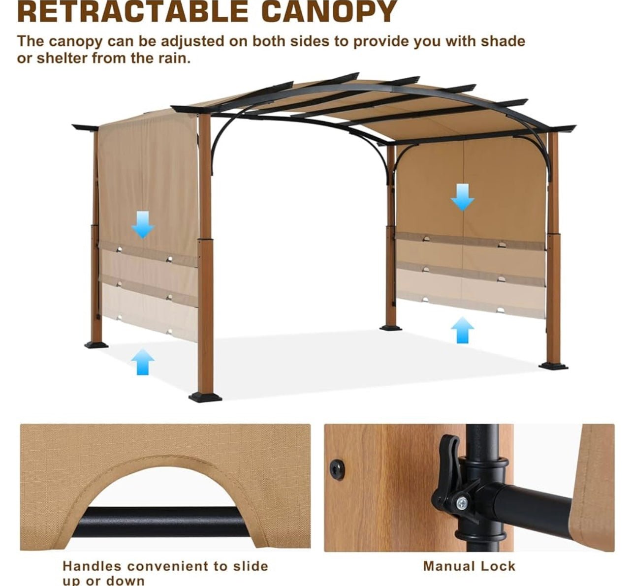 10' X 12' Outdoor Retractable Pergola with Sun Shade Canopy Patio Metal Garden Pergola,Beige