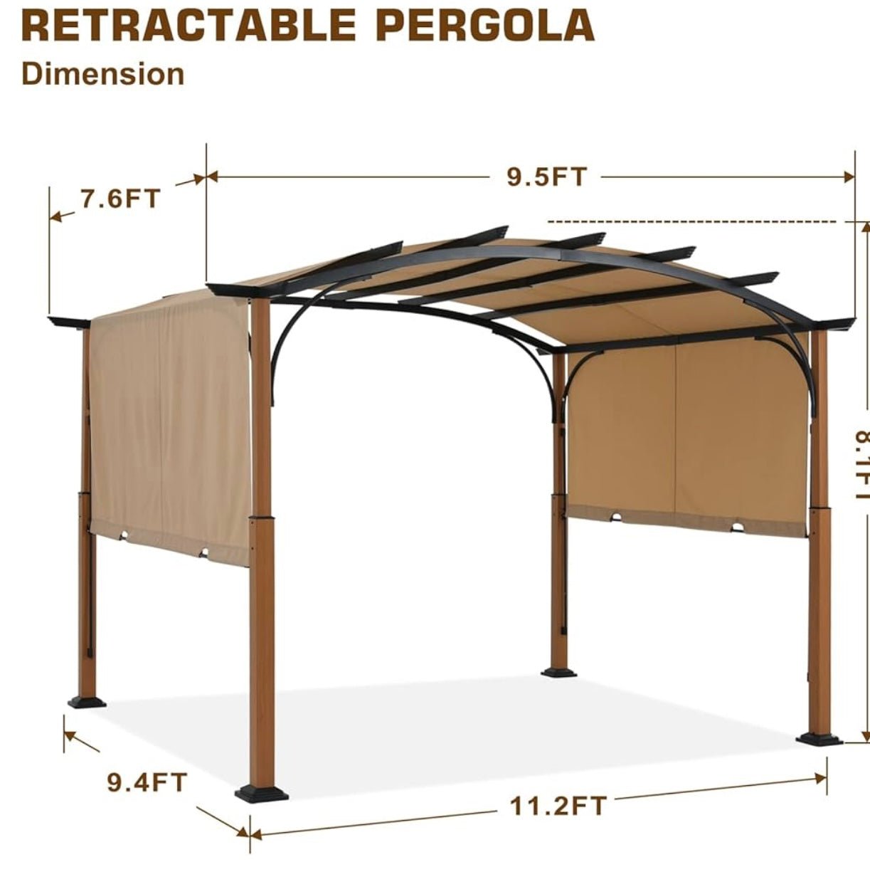 10' X 12' Outdoor Retractable Pergola with Sun Shade Canopy Patio Metal Garden Pergola,Beige