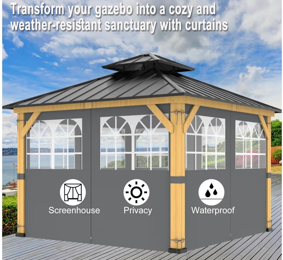 10ft x 12ft Gazebo Curtains,Privacy Replacement Sidewall with Church Window,4-Panel Universal Shade Curtains Set,Protecting Side Walls (Only Curtain) Gray