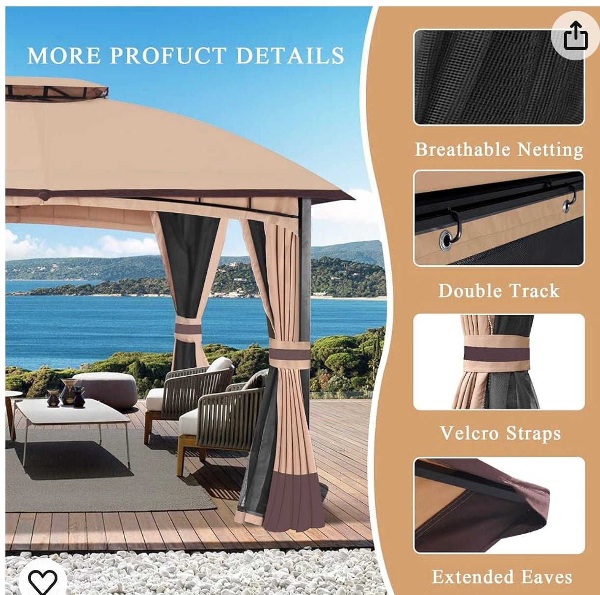 10’x 12’ Allen and Roth Inspired Outdoor Gazebo, Double Roof Patio Gazebo with Netting and Curtains, Metal Frame Outdoor Patio Canopy for Deck Backyard Garden Lawns