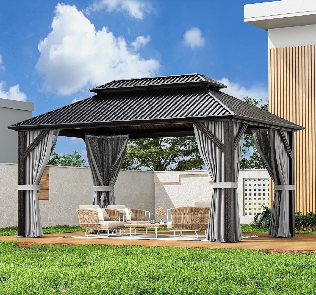10'x14' Hardtop Aluminum Gazebo with Curtains & Netting Dark Grey
Heavy-Duty Aluminum Frame, Double Galvanized Steel Roof, Permanent Outdoor Canopy with Curtains & Netting, All-Weather