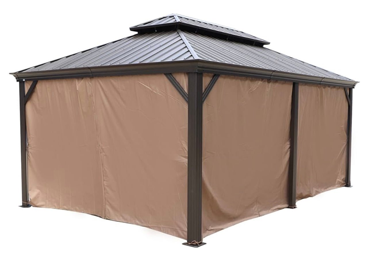 12-ft x 20-ft Wood or Metal Gazebo Curtains, Privacy Sidewall Set 4-Panel Universal Replacement Shade Curtains Set, Protecting Side Walls (Only Curtain)-Khaki