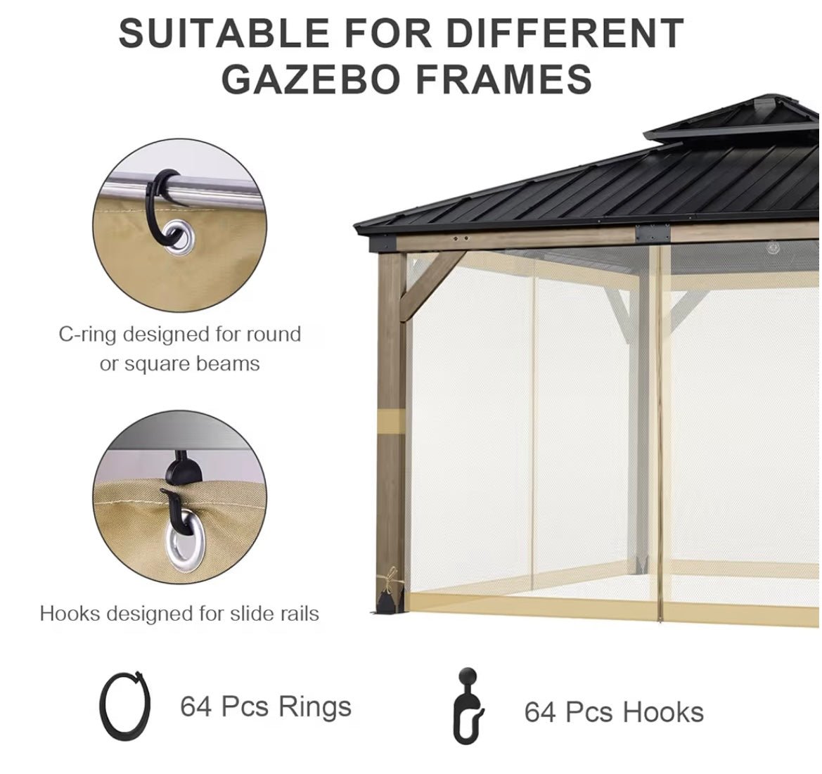 12' x 12' Gazebo Universal Mosquito Netting Screen Replacement, 4-Panel Screen Walls with Double Zippers for Outdoor Patio, Khaki (Mosquito Net Only)