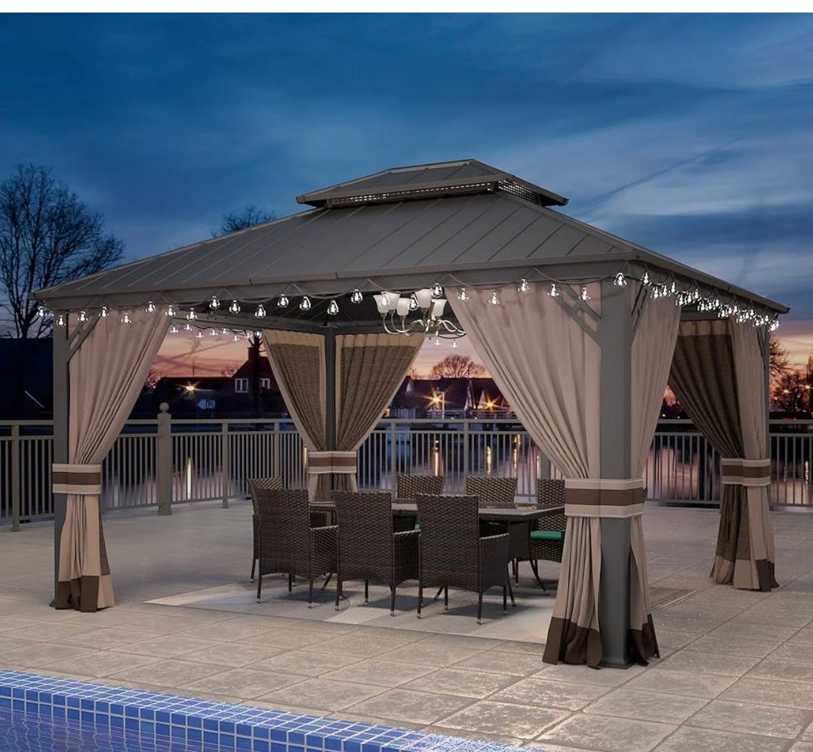 12' x 14' Khaki Hardtop Gazebo with Curtains and Netting, Double Roof Iron Metal Pergola for Patio, Garden, Law
