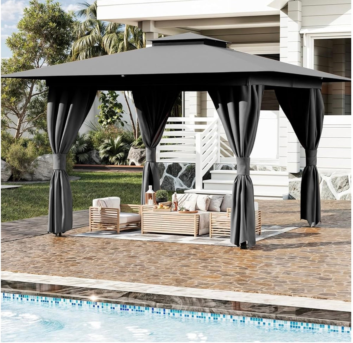 8'x8' Outdoor Gazebo for Patio, Heavy Duty Party Tent with Double Roofs, Outdoor Canopy with Curtains and Nettings for Deck, Lawn and Backyard, Grey