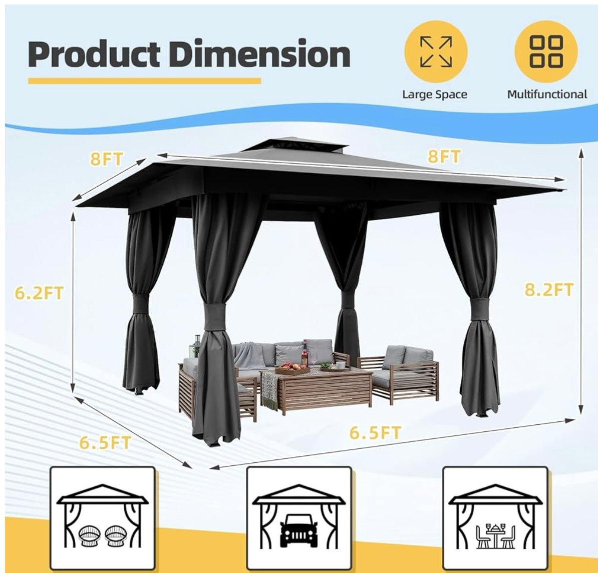 8'x8' Outdoor Gazebo for Patio, Heavy Duty Party Tent with Double Roofs, Outdoor Canopy with Curtains and Nettings for Deck, Lawn and Backyard, Grey