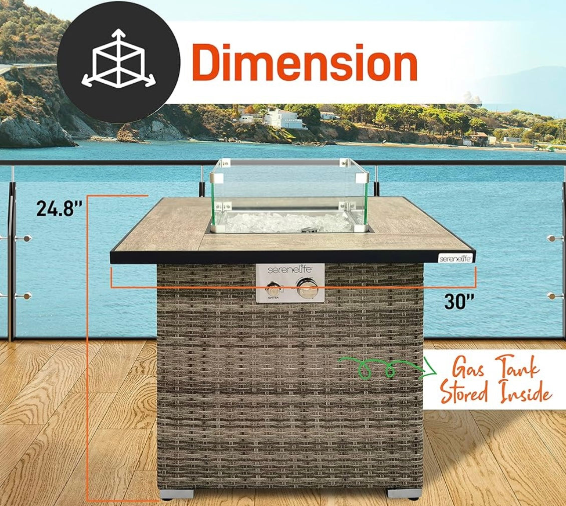 Propane Fire Pit Table, 50000 BTU CSA/ETL Certified Safe Gas Table with Sturdy Wicker Base, Stainless Steel Burner, Glass Wind Guard & Cover, Outdoor Fireplaces for Parties