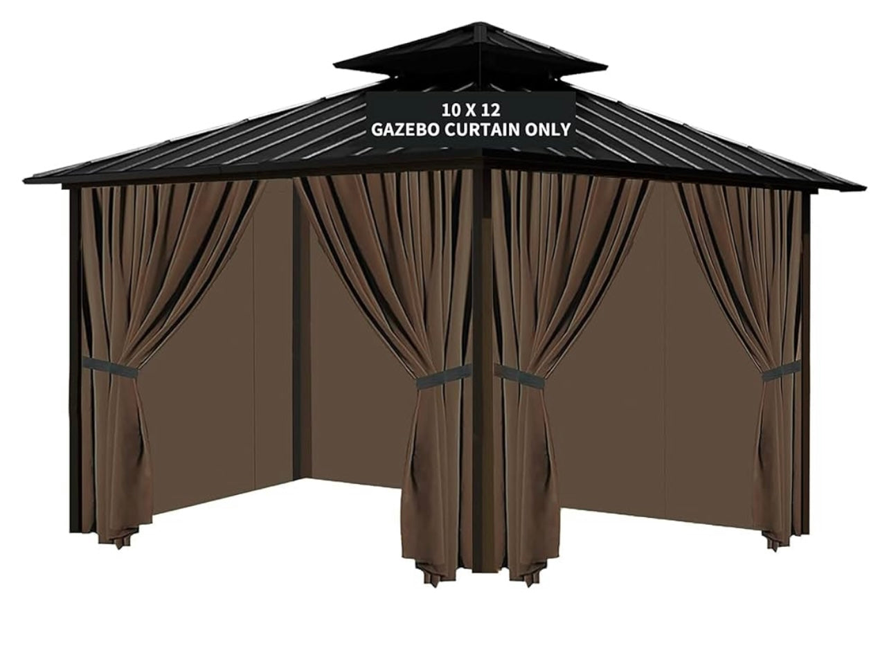 10'x12' Gazebo Curtains Outdoor Waterproof, Brown Universal Replacement Curtain 4-Panels, Sidewalls with Zipper for Garden, Patio, Yard (Only Curtains)