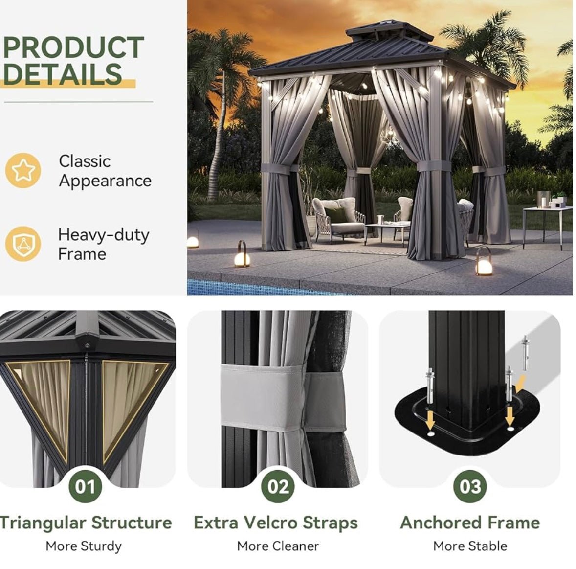 8'x8' Hardtop Gazebo, Aluminum Frame Canopy with Double Galvanized Steel Roof, Outdoor Metal Pavilion with Netting, Curtains for Backyard, Patio and Deck