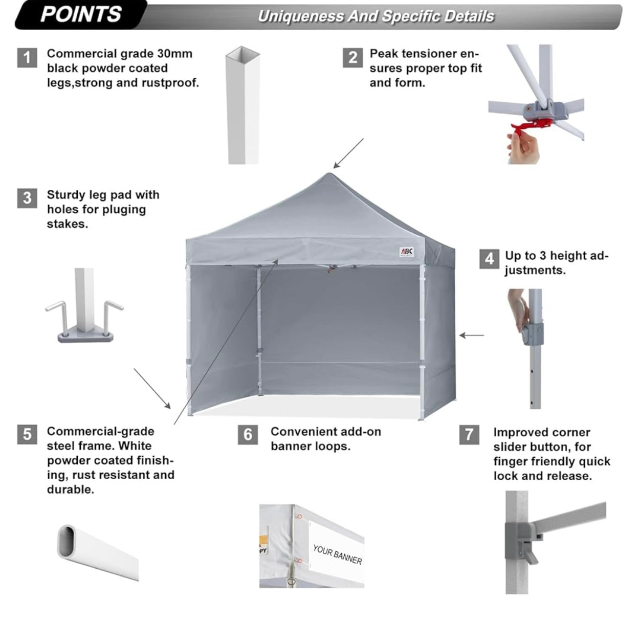 Easy Pop Up Canopy Tent with Sidewalls 8x8 Commercial -Series, Gray