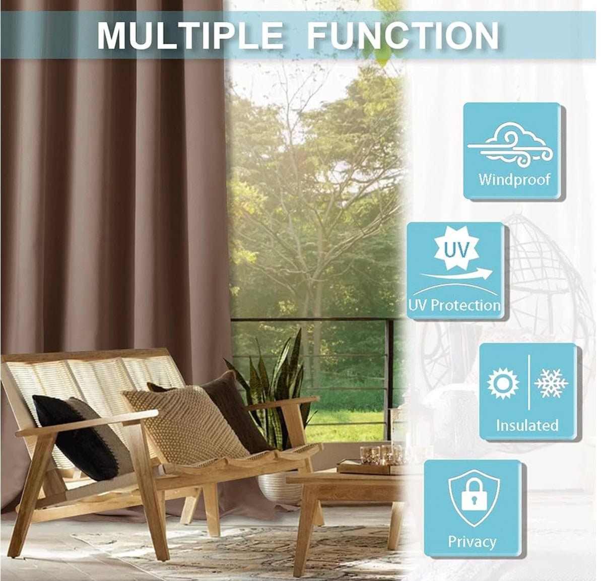 Extra Wide Outdoor Curtains, UV Blackout Waterproof Privacy Shades Blind for Patio Temporary Door Garage Carport Porch Gazebo Pergola Arbor Party, W 100 x L 90, 1 Panel, Mocha