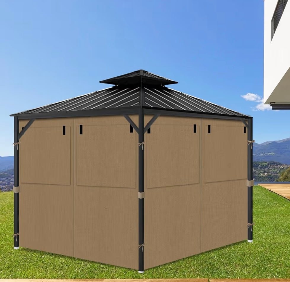 Gazebo Privacy Curtains 10' x 12' with Mosquito Windows, 4-Panels Side Wall with Zipper Universal Replacement for Patio, Outdoor Canopy, Garden and Backyard, Khaki (Curtain Only)