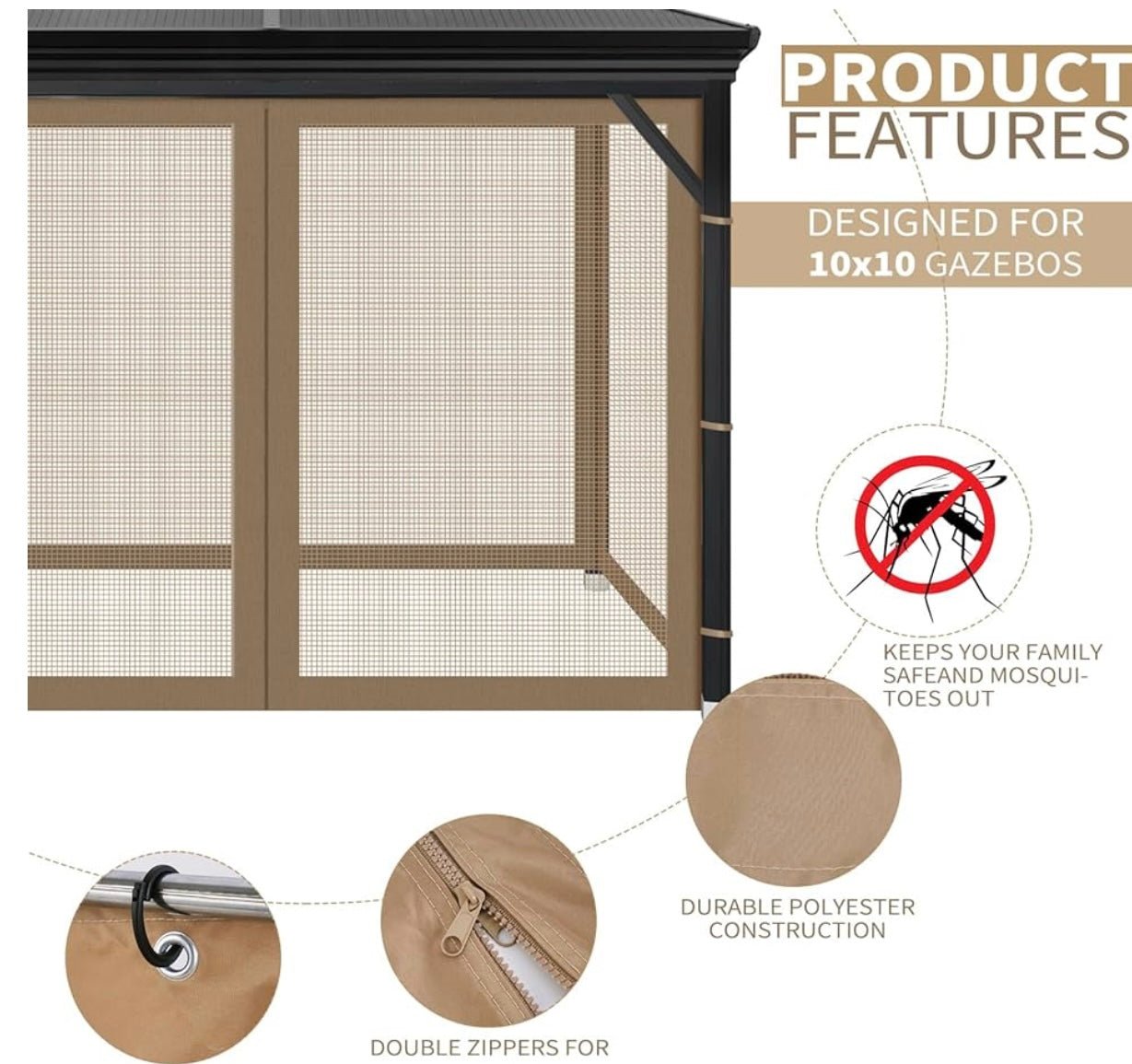 Gazebo Universal Replacement Mosquito Netting, 10' x 10' Outdoor Mesh Netting Screen 4-Panel Sidewall with Zipper for Patio, Canopy, Garden and Backyard, Khaki(Mosquito Net Only)
