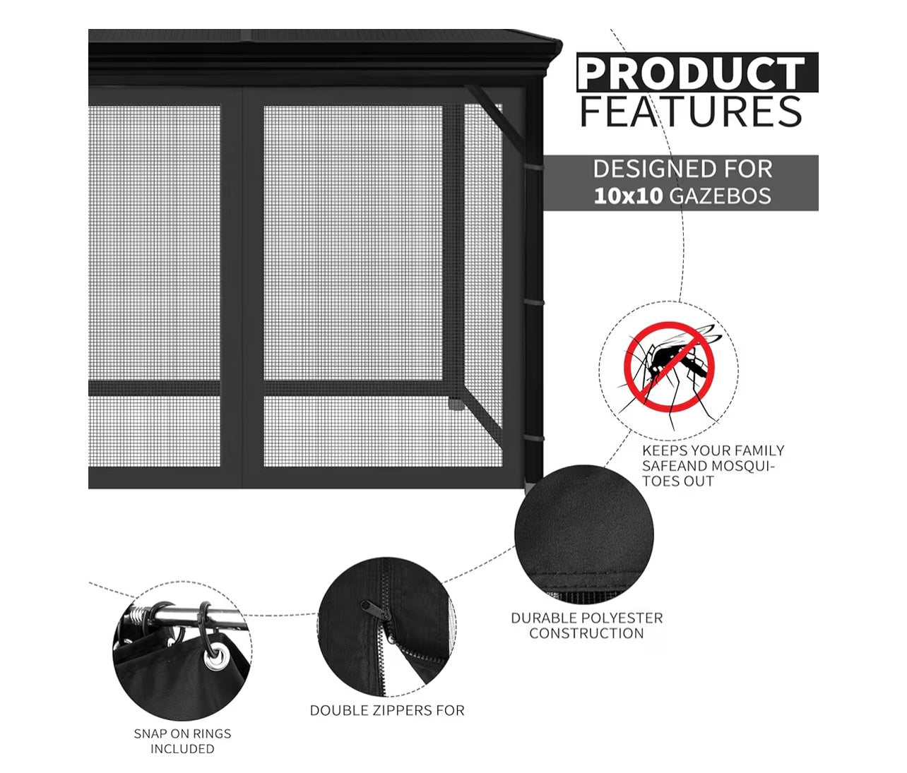 Hardtop Gazebo Black Replacement Mosquito Screen Set with Zippers Set 10x10