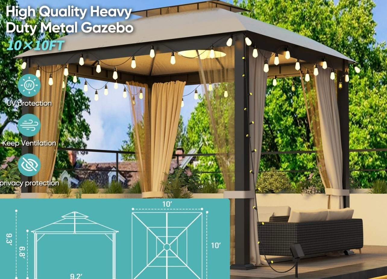 Outdoor Patio Gazebo 10x10, Heavy Duty Gazebos, Soft Top Gazebo with Square Metal Frame, Double Roof Canopy, Mosquito Nets & Privacy Enclosures, Permanent Pavilion for Decks & Backyards