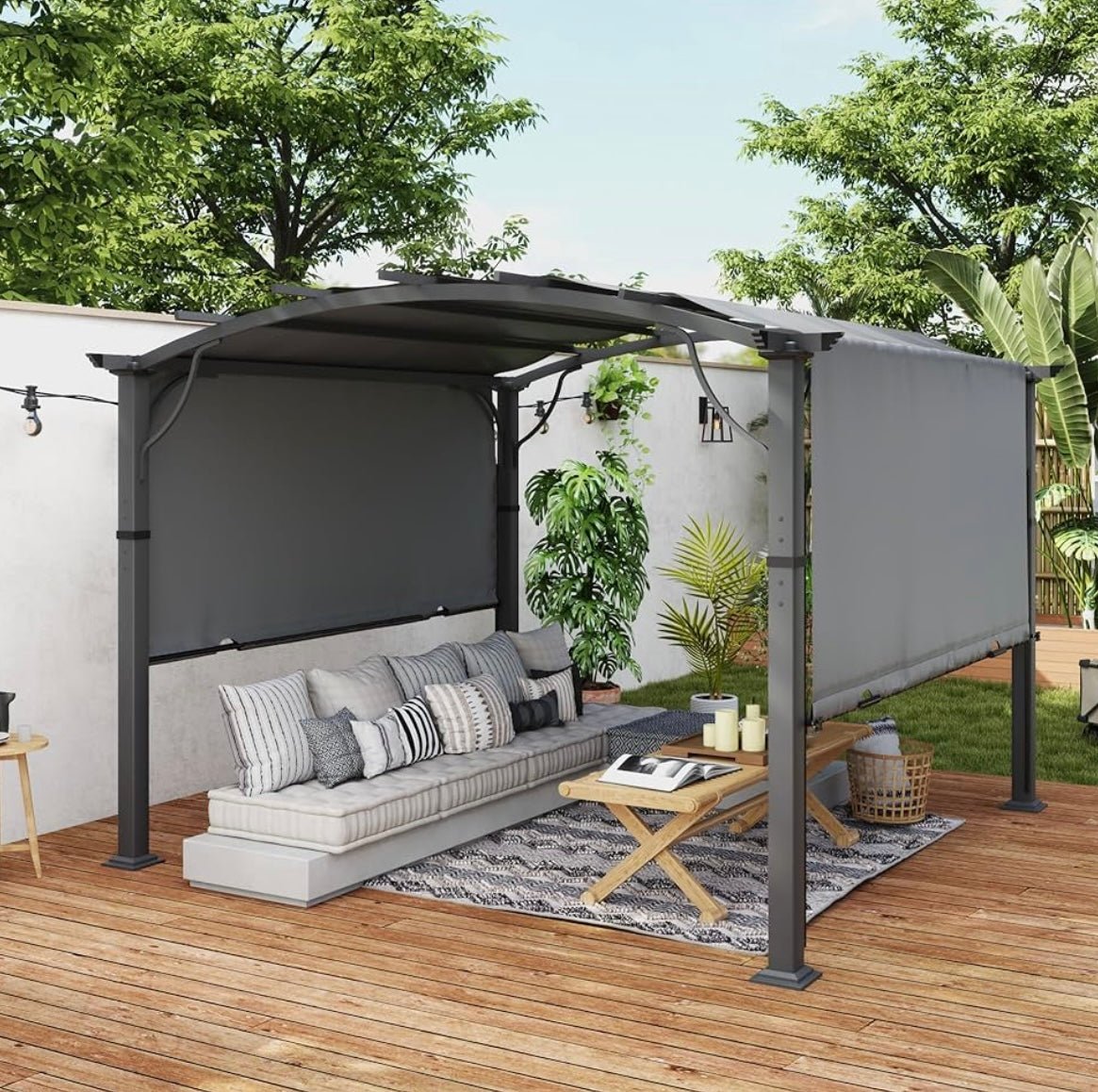 x10 Arched Outdoor Pergola Patio Metal Pergola for Deck, Outdoor Retractable Pergola with Canopy and Hardware, Small Aluminum Pergola with Canopy Fixed in Various Positions (Grey)