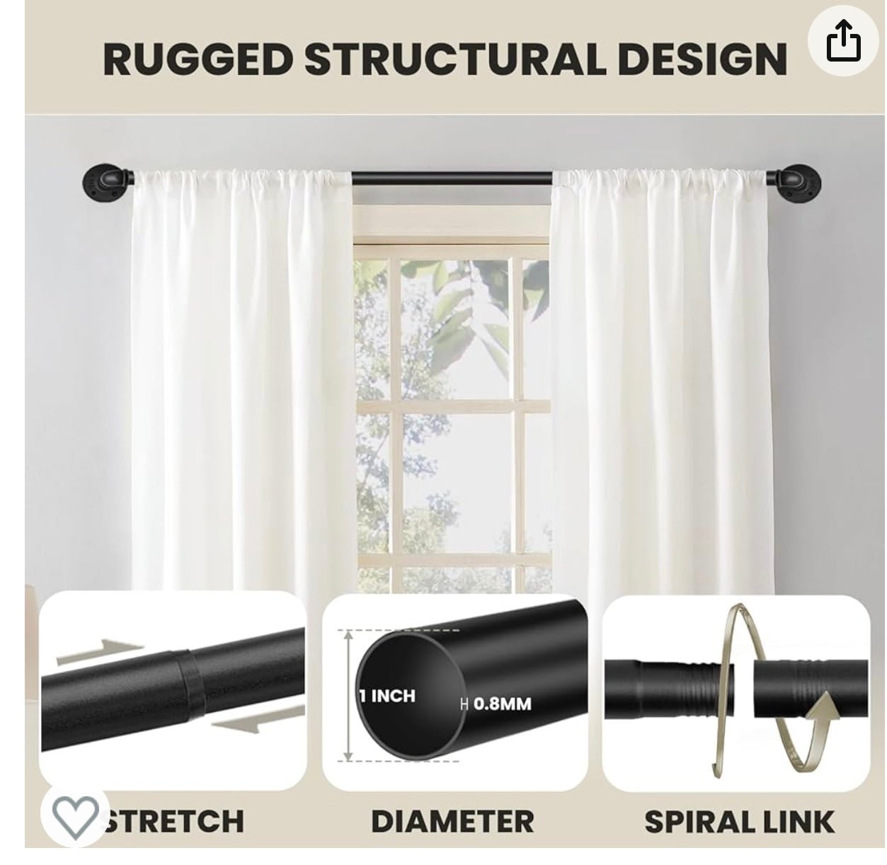 Yardistry/Discovery Gazebo Outdoor 4 Single Curtain Rods, 1 Inch Industrial Curtain Rod, Curtain Rods for Windows 72to144Stainless Steel Black Curtain Rod, Rust Resistant for Indoor/Outdoor Use