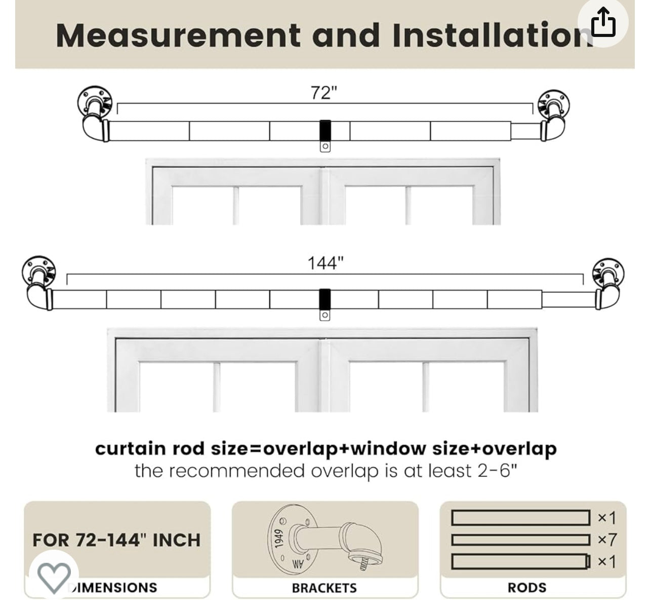 Yardistry/Discovery Gazebo Outdoor 4 Single Curtain Rods, 1 Inch Industrial Curtain Rod, Curtain Rods for Windows 72to144Stainless Steel Black Curtain Rod, Rust Resistant for Indoor/Outdoor Use