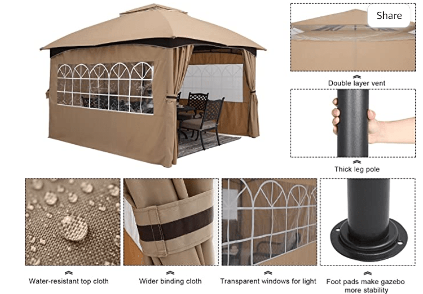 10X12 Gazebo Patio Gazebos for Winter, Weatherproof Gazebo with Window Curtains for Outdoor Party Wedding