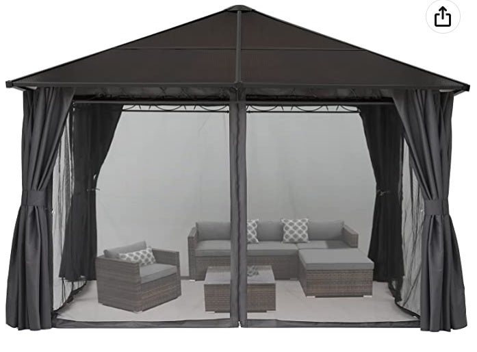 10x12 Hardtop Patio Gazebo with Curtains and Netting