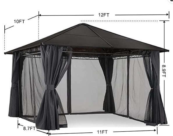 10x12 Hardtop Patio Gazebo with Curtains and Netting