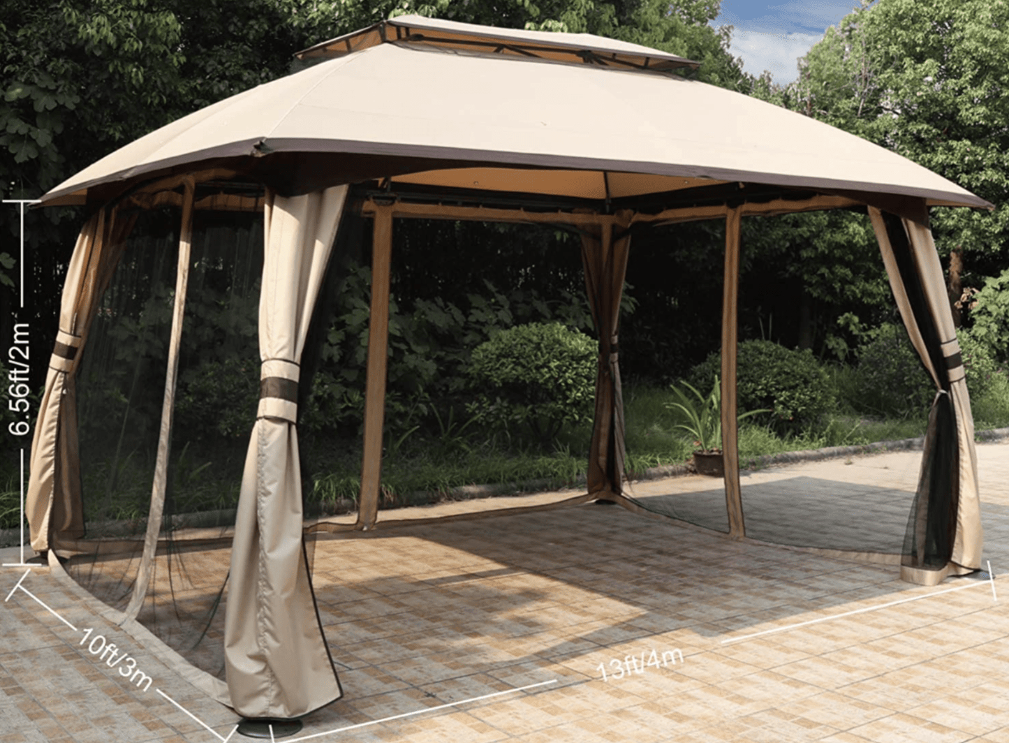 10x13 Beige Gazebo Fully Enclosed Weather UV-Resistant w/Mosquito Netting-Beige