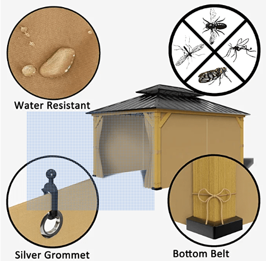 12-ft x 12-ft Wood or Metal Gazebo Curtains, Privacy Sidewall Set 4-Panel Universal Replacement Shade Curtains Set, Protecting Side Walls (Only Curtain)-Khaki