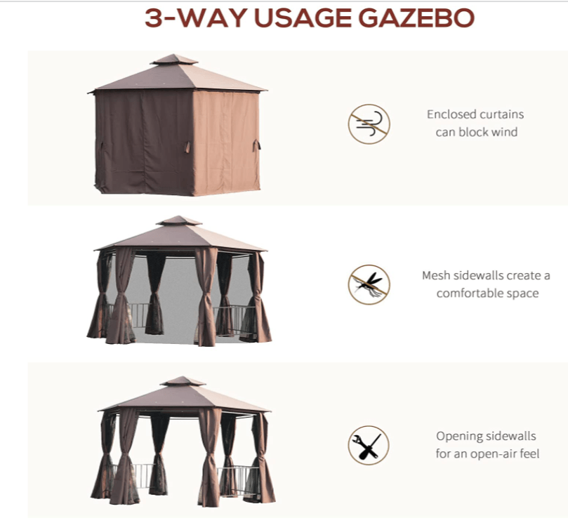 13' x 13' Outdoor Patio Gazebo Canopy Pavilion with Removable Mesh Netting, Curtains, Double Tiered Roof, UV Protection & Large Floor Space Coffee Hexagon