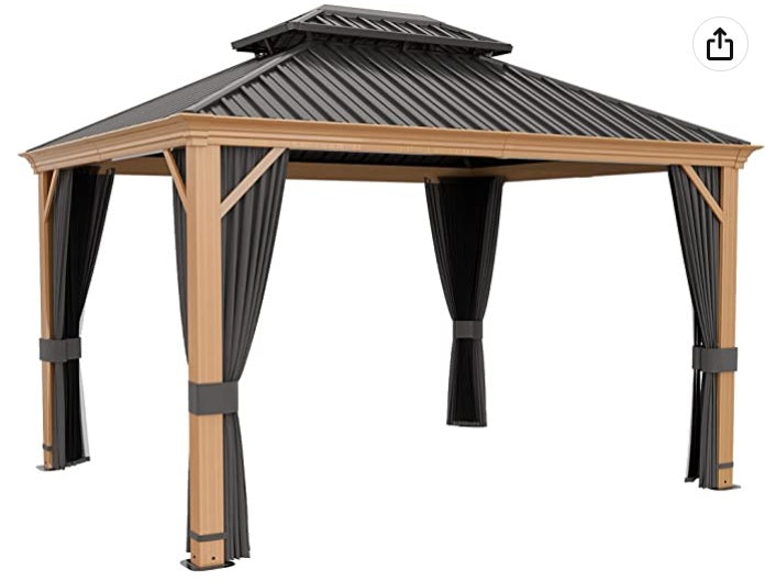10' x 12' Hardtop Gazebo, Outdoor Wood Grain Frame Aluminum Gazebo,Double Roof Permanent Patio Gazebo Canopy with Netting and Curtains for Garden, Patio, Lawns, Parties (Grey)