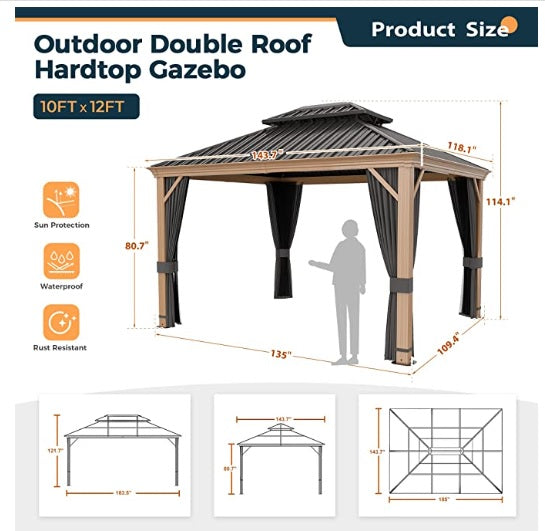 10' x 12' Hardtop Gazebo, Outdoor Wood Grain Frame Aluminum Gazebo,Double Roof Permanent Patio Gazebo Canopy with Netting and Curtains for Garden, Patio, Lawns, Parties (Grey)