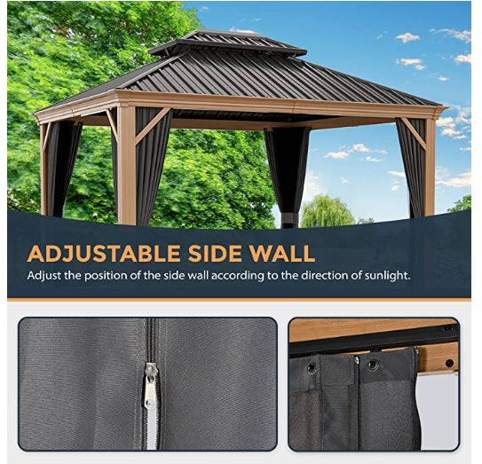 10' x 12' Hardtop Gazebo, Outdoor Wood Grain Frame Aluminum Gazebo,Double Roof Permanent Patio Gazebo Canopy with Netting and Curtains for Garden, Patio, Lawns, Parties (Grey)