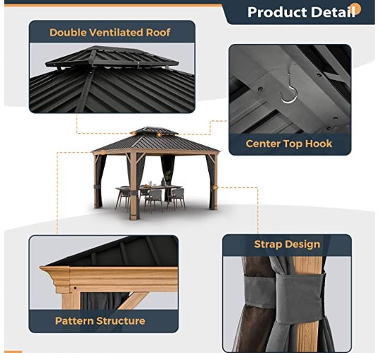 10' x 12' Hardtop Gazebo, Outdoor Wood Grain Frame Aluminum Gazebo,Double Roof Permanent Patio Gazebo Canopy with Netting and Curtains for Garden, Patio, Lawns, Parties (Grey)