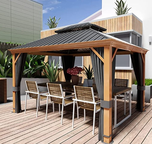 10' x 12' Hardtop Gazebo, Outdoor Wood Grain Frame Aluminum Gazebo,Double Roof Permanent Patio Gazebo Canopy with Netting and Curtains for Garden, Patio, Lawns, Parties (Grey)
