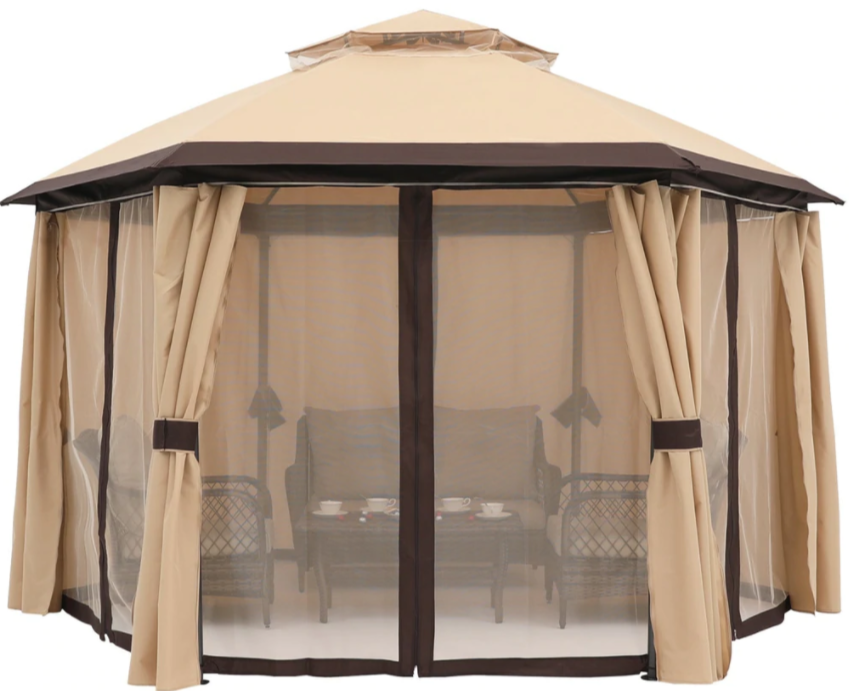 10’x10' Gazebos for Patios, Outdoor Hexagonal Gazebo with Netting and Privacy Curtains for Garden, Patio, Backyard