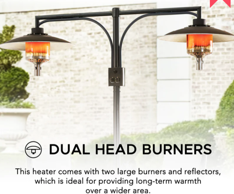 AmberCove Outdoor Patio 64,000 BTU Black Steel Propane Gas Dual Heater with Table Top for Commercial & Residential Use