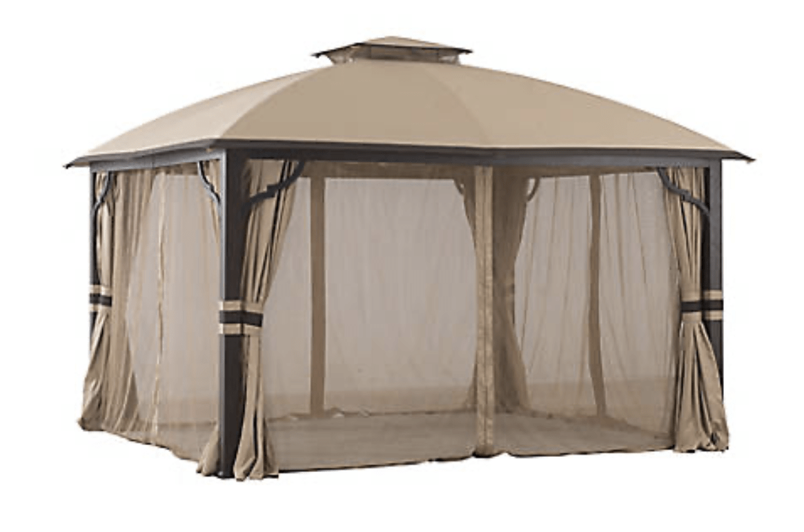 Brown and beige 12' x 10' Fabric Top Gazebo with screen and privacy curtain