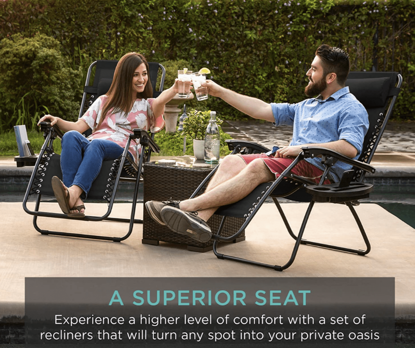 Set of two adjustable zero gravity lounge Chair Recliners for Patio, Pool w/Cup Holders -