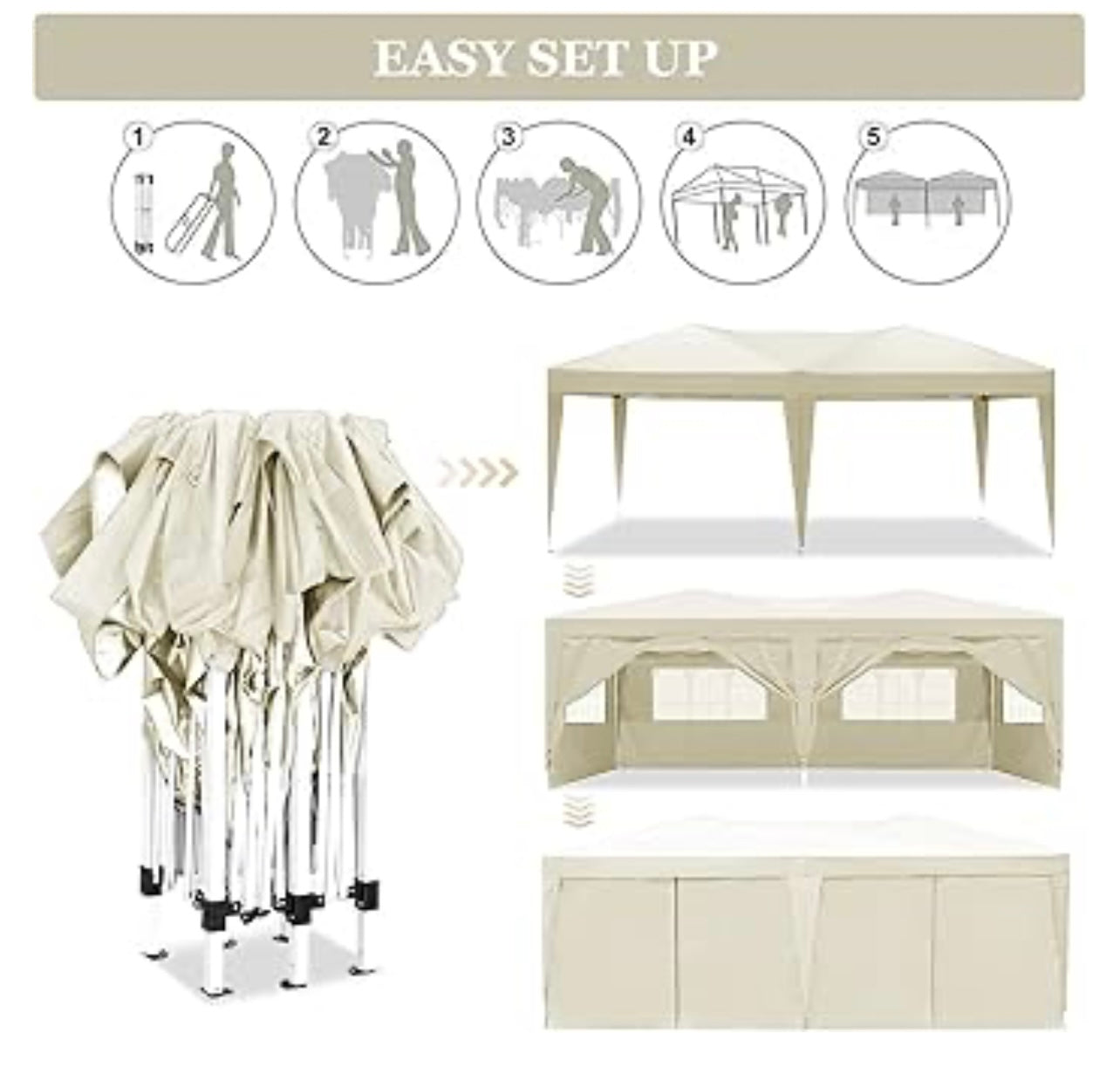 Instant Canopy 10x20ft Pop Up Canopy Tent with 6 Sidewalls, Fully Waterproof Canopy Tent with Heavy Duty Steel Frame, Beige