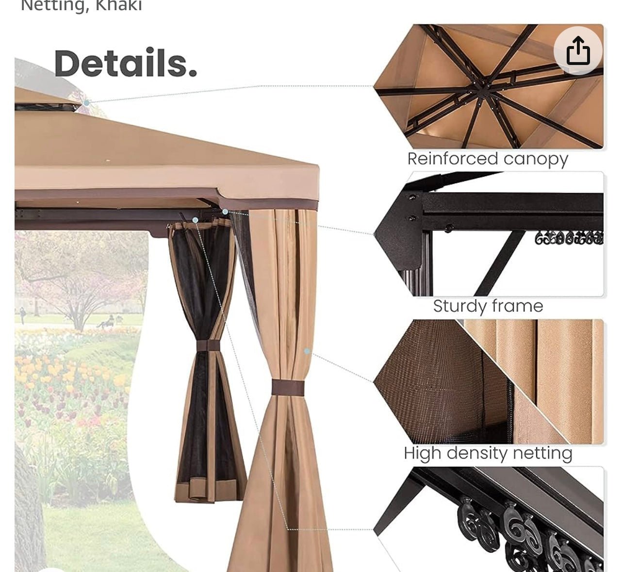 10 x 10 FT Outdoor Gazebo for Patio Iron Frame Garden Permanent Gazebo with Vented Soft Canopy and Mosquito Netting, Khaki