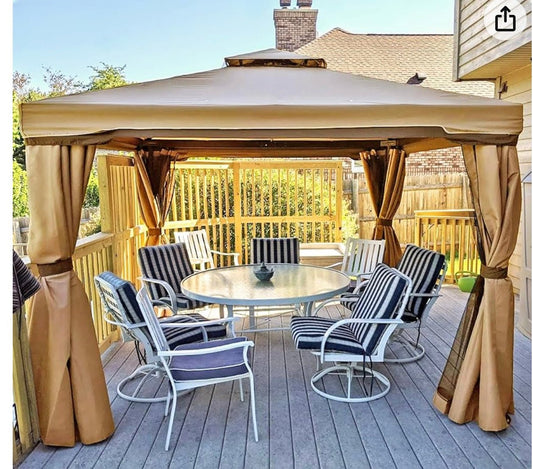 10 x 10 FT Outdoor Gazebo for Patio Iron Frame Garden Permanent Gazebo with Vented Soft Canopy and Mosquito Netting, Khaki