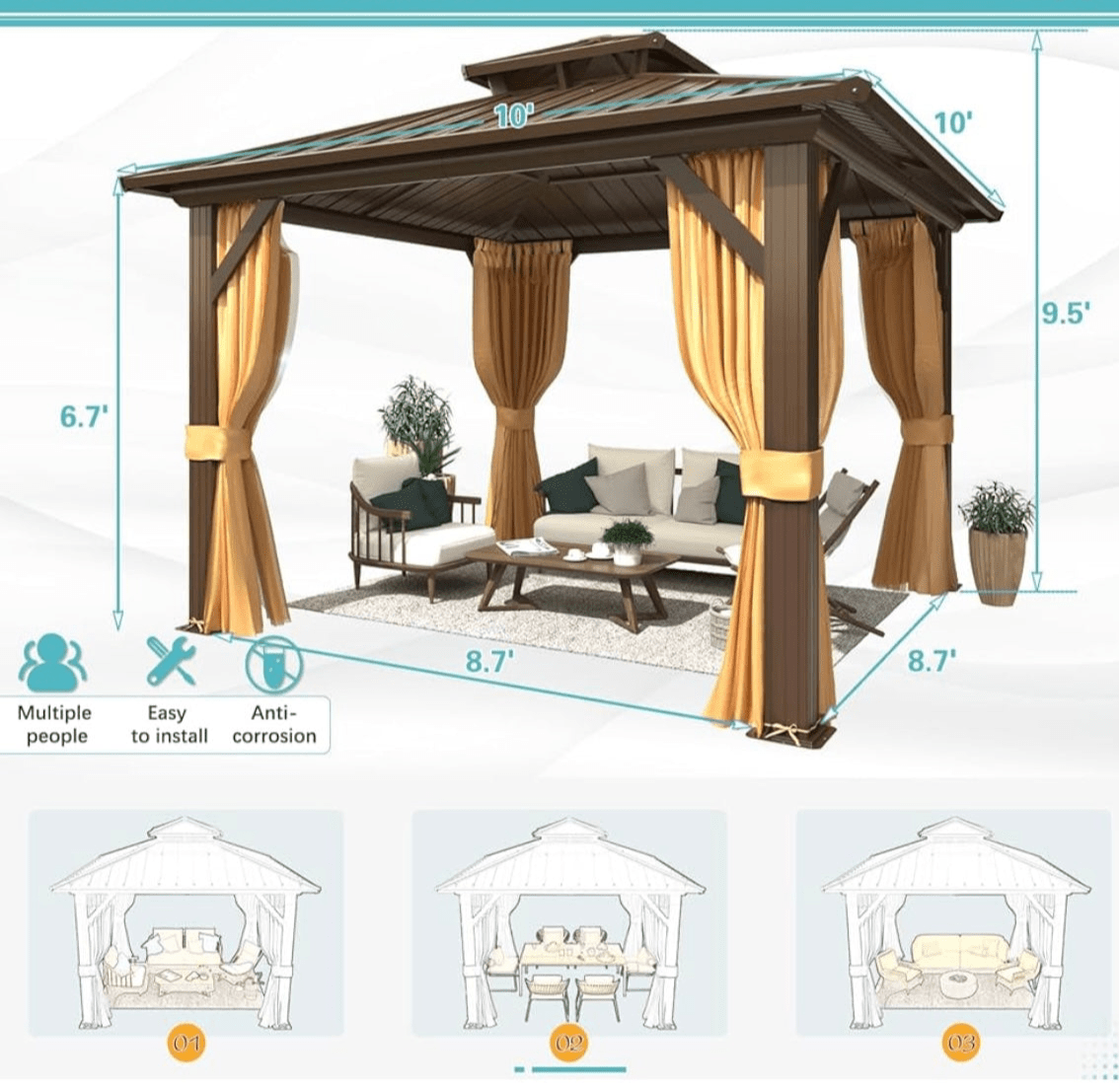 10' x 10' Hardtop Gazebo with Aluminum Frame and Galvanized Steel Double Roof
Gazebos, Permanent, Outdoor, Metal Pavilion, with Curtain and Netting, for Patio, Lawn, Deck