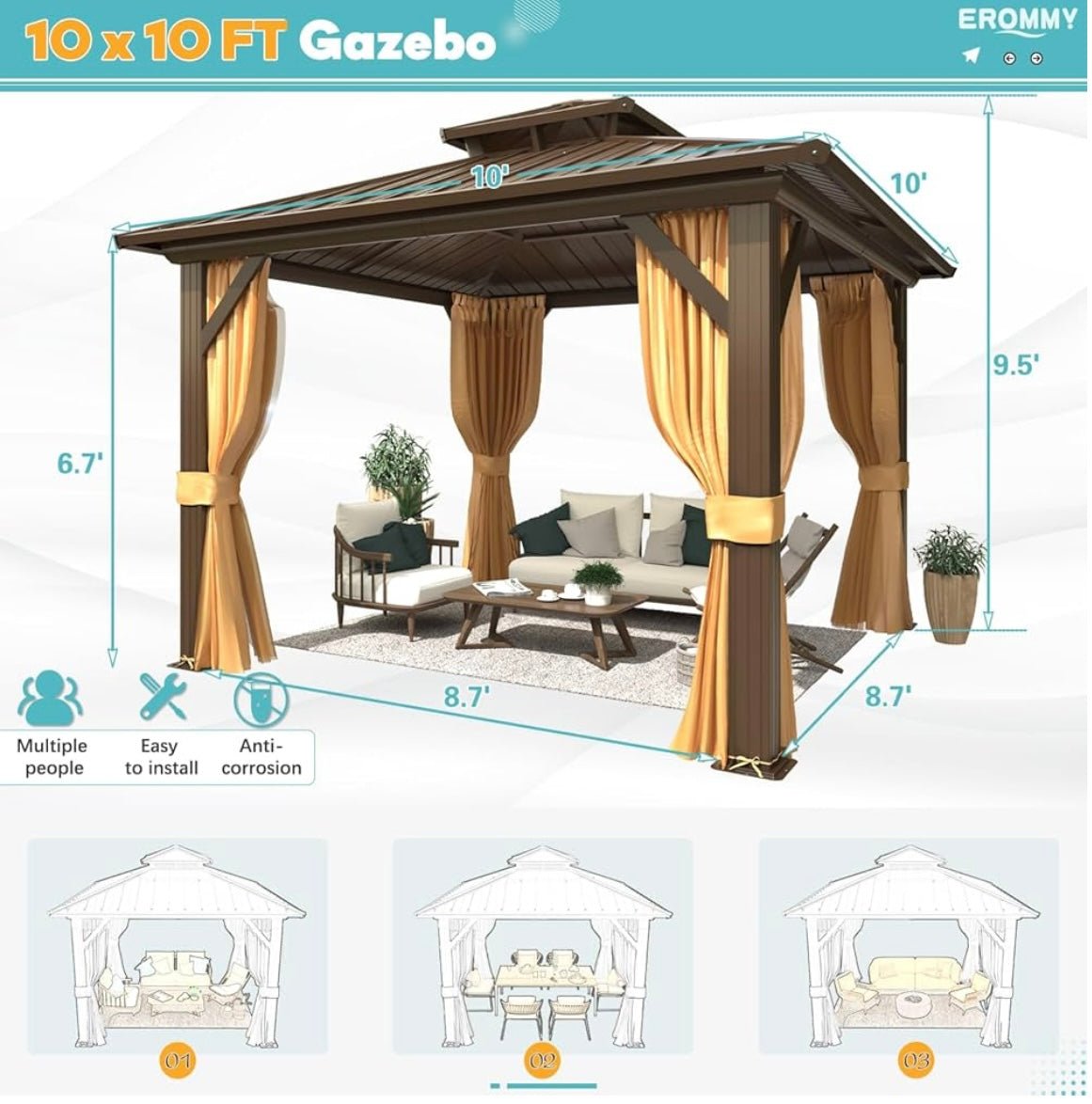 10' x 10' Hardtop Gazebo with Aluminum Frame and Galvanized Steel Double Roof
Gazebos, Permanent, Outdoor, Metal Pavilion, with Curtain and Netting, for Patio, Lawn, Deck