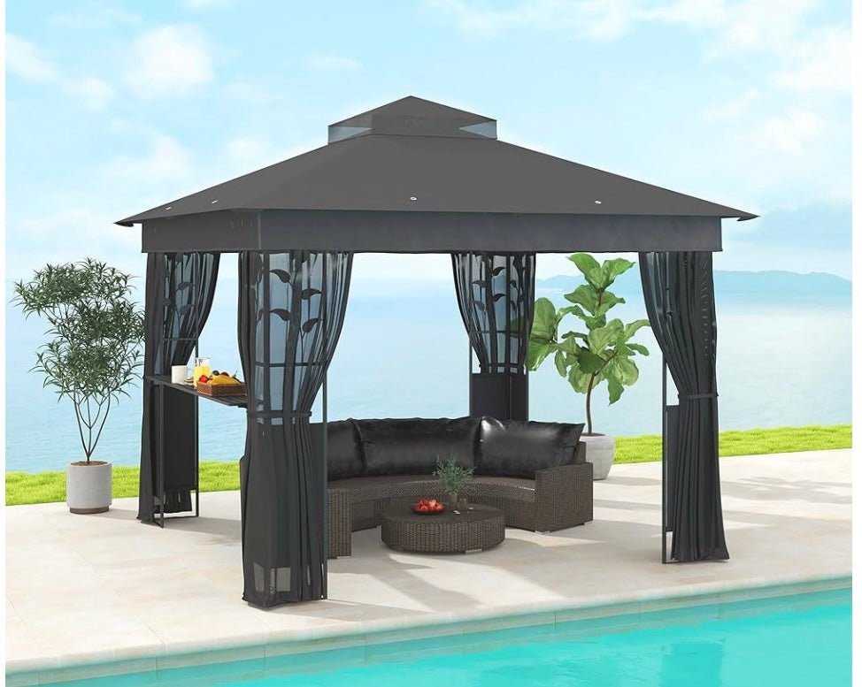 10' x 10' Outdoor Gazebo with Shelves and Netting, Double Roof Patio Gazebo Canopy Shelter, UV30+ Protected for Lawn, Backyard and Deck, Dark Gray