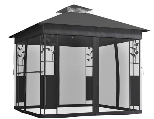10' x 10' Outdoor Gazebo with Shelves and Netting, Double Roof Patio Gazebo Canopy Shelter, UV30+ Protected for Lawn, Backyard and Deck, Dark Gray