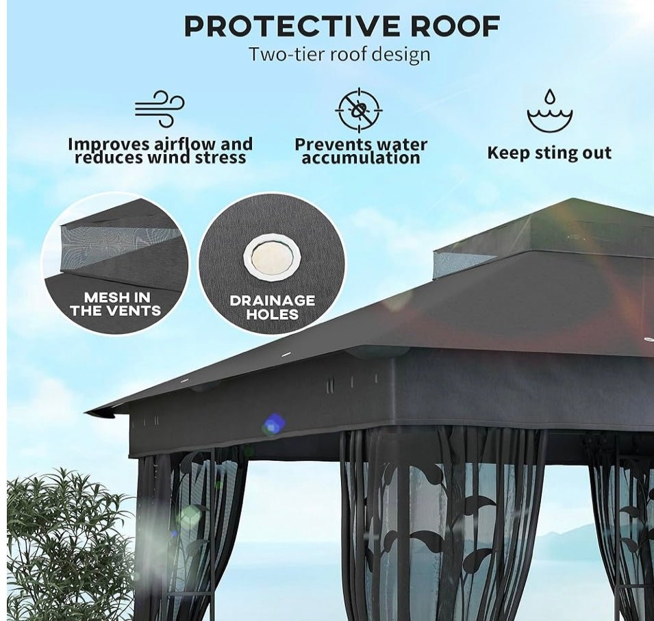 10' x 10' Outdoor Gazebo with Shelves and Netting, Double Roof Patio Gazebo Canopy Shelter, UV30+ Protected for Lawn, Backyard and Deck, Dark Gray