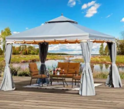 10' x 12' Outdoor Canopy Gazebo, Double Roof Patio Gazebo Steel Frame with Netting and Shade Curtains for Garden, Patio, Party Canopy, Grey