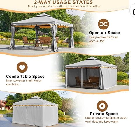 10' x 12' Outdoor Canopy Gazebo, Double Roof Patio Gazebo Steel Frame with Netting and Shade Curtains for Garden, Patio, Party Canopy, Grey